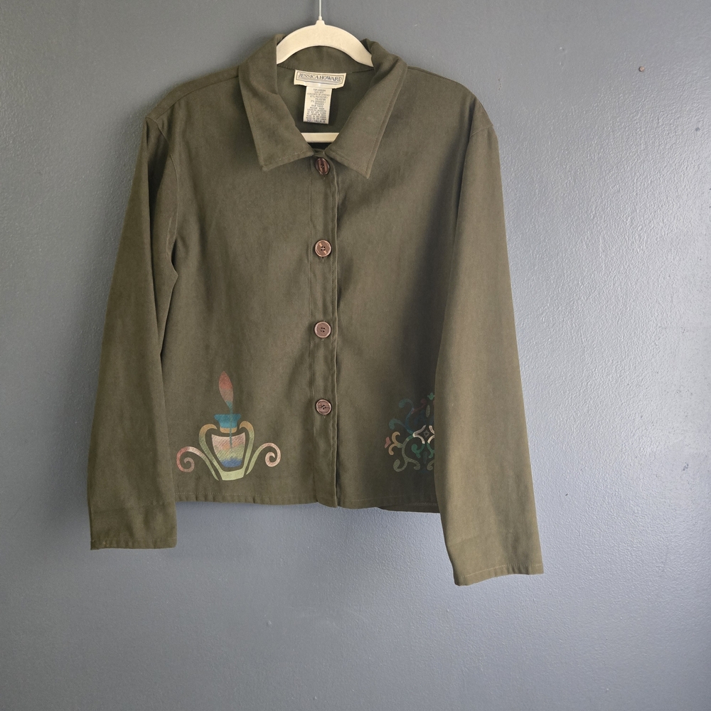 Jessica Howard Vintage Green Faux Suede Shirt Jacket Size 14 - Picture 2 of 7